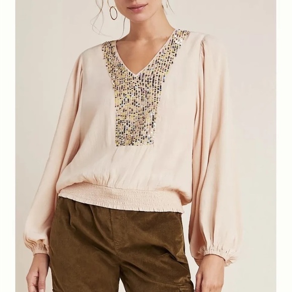 Anthropologie Maeve Kristie Sequin Peasant Blouse Peach Size Small - Picture 3 of 10